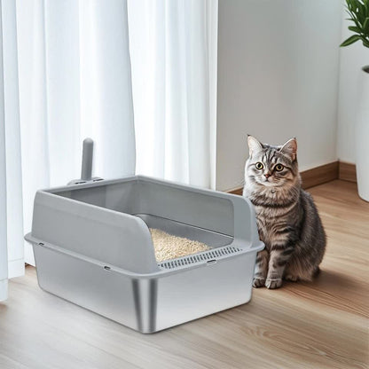 P&P Grey Silver Stainless Steel Cat Litter Box with High Sides, Open Top and Scoop - Image 4