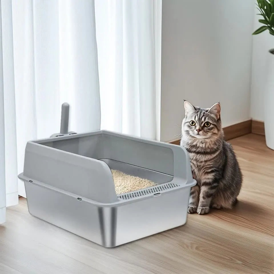 P&P Grey Silver Stainless Steel Cat Litter Box with High Sides, Open Top and Scoop - Image 4