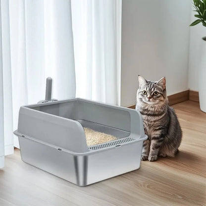 P&P Grey Silver Stainless Steel Cat Litter Box with High Sides, Open Top and Scoop - Image 4