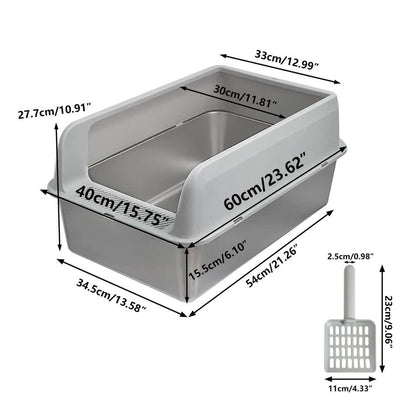 P&P Grey Silver Stainless Steel Cat Litter Box with High Sides, Open Top and Scoop - Image 6