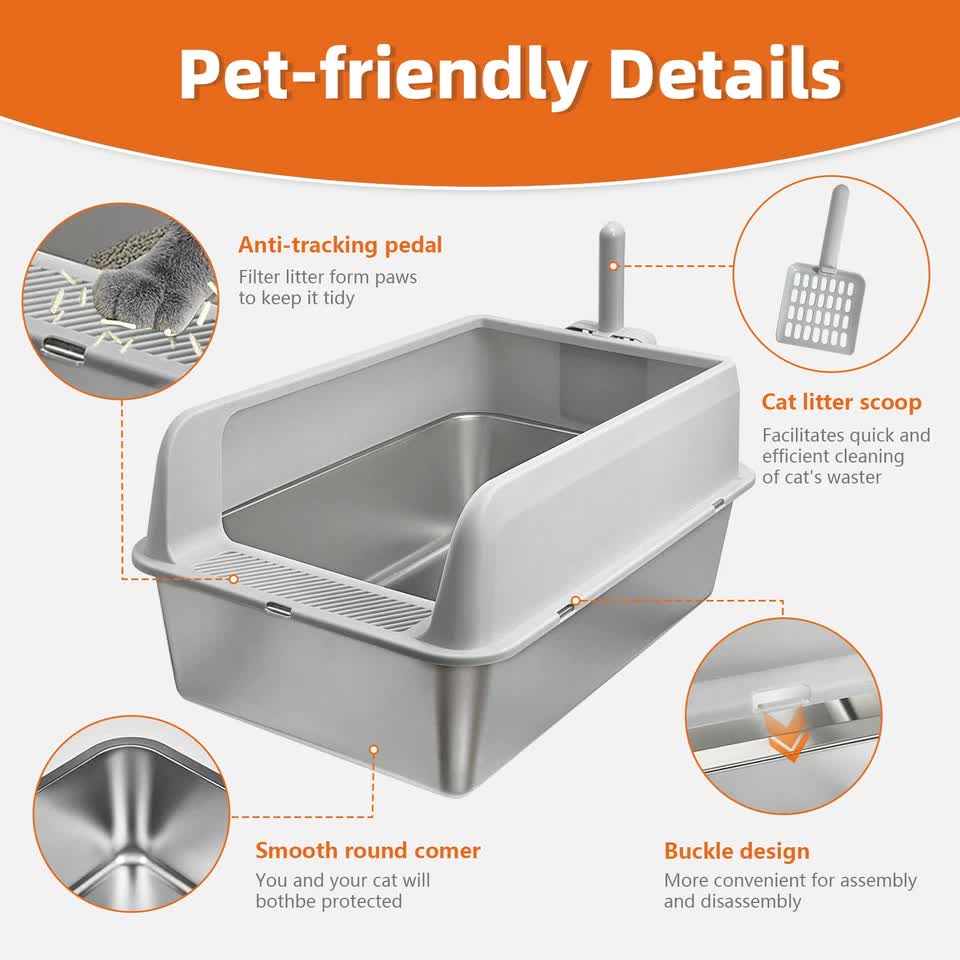 P&P Grey Silver Stainless Steel Cat Litter Box with High Sides, Open Top and Scoop - Image 7