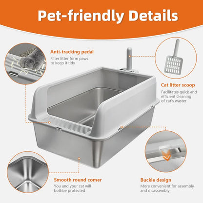 P&P Grey Silver Stainless Steel Cat Litter Box with High Sides, Open Top and Scoop - Image 7