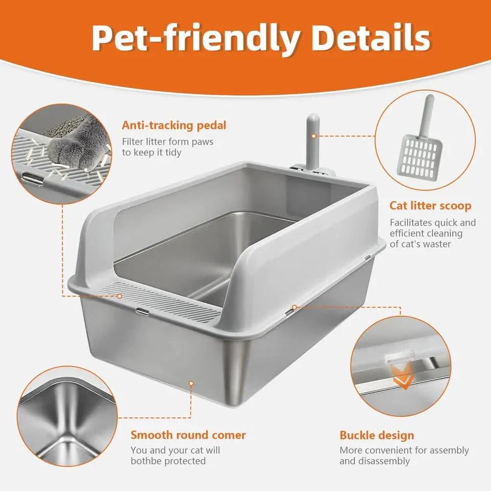 P&P Grey Silver Stainless Steel Cat Litter Box with High Sides, Open Top and Scoop - Image 7