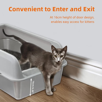 P&P Grey Silver Stainless Steel Cat Litter Box with High Sides, Open Top and Scoop - Image 8