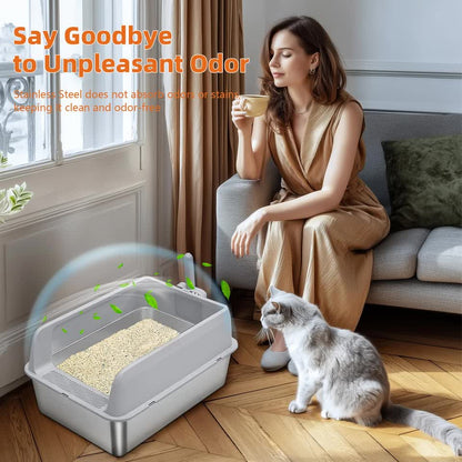 P&P Grey Silver Stainless Steel Cat Litter Box with High Sides, Open Top and Scoop - Image 9