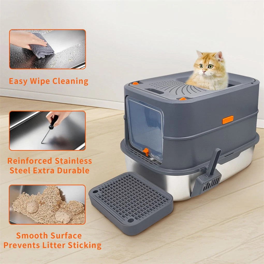 P&P Jumbo Stainless Steel Cat Litter Box for Multi-Cats Large Toilet Box with Removable Lid - Image 3