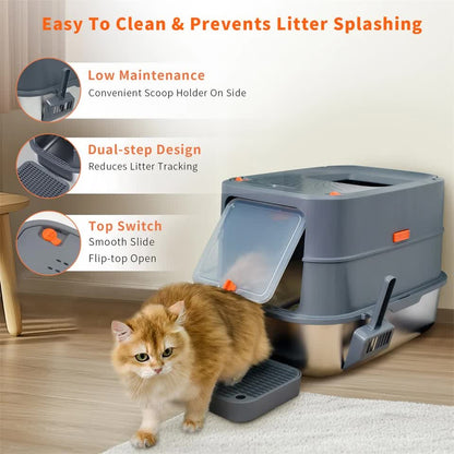 P&P Jumbo Stainless Steel Cat Litter Box for Multi-Cats Large Toilet Box with Removable Lid - Image 9