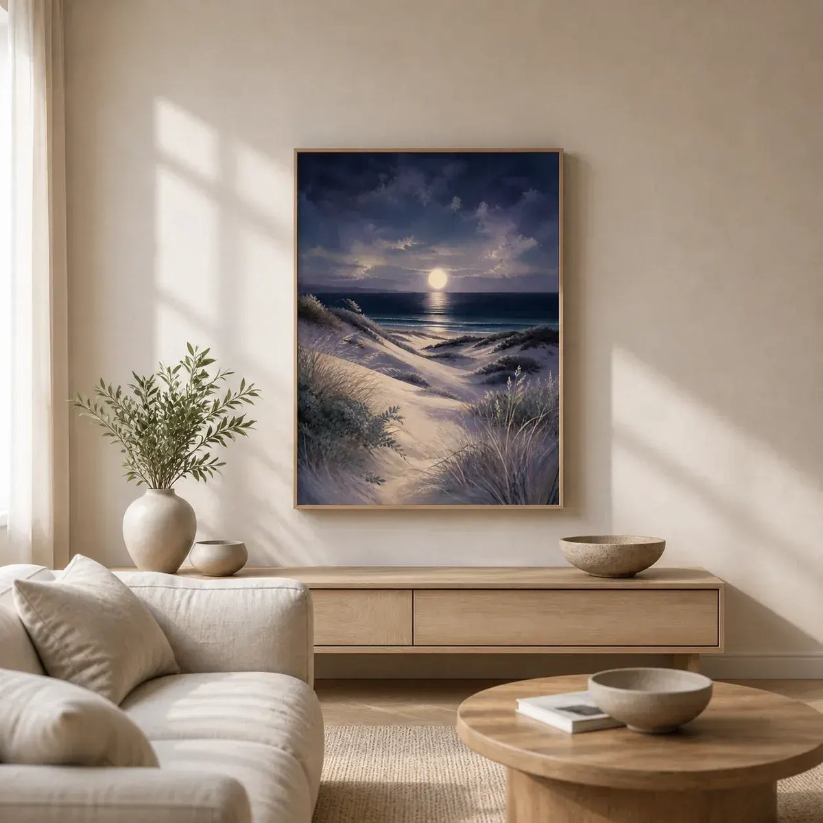 Moonlit Dunes Floating Frame Canvas Wall Art - Portrait - 40W x 50H cm - Natural Birch