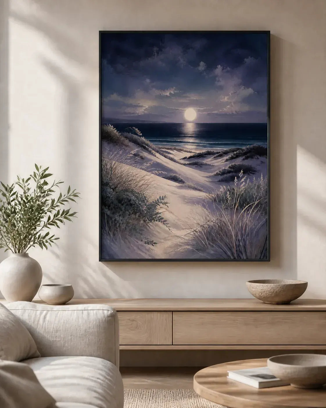 Moonlit Dunes Floating Frame Canvas Wall Art - Portrait - 40W x 50H cm - Natural Birch - Image 2