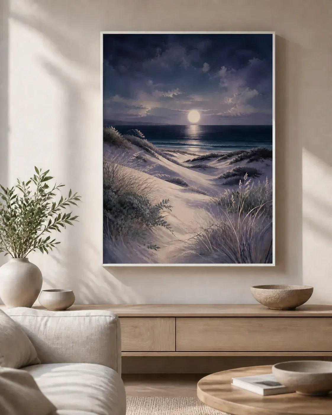 Moonlit Dunes Floating Frame Canvas Wall Art - Portrait - 40W x 50H cm - Natural Birch - Image 3