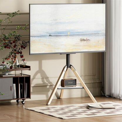 FIN 32-75 Inch Swivel Tripod TV Stand Stable Wooden Legs TV Mount with Marble Shelf - Image 2