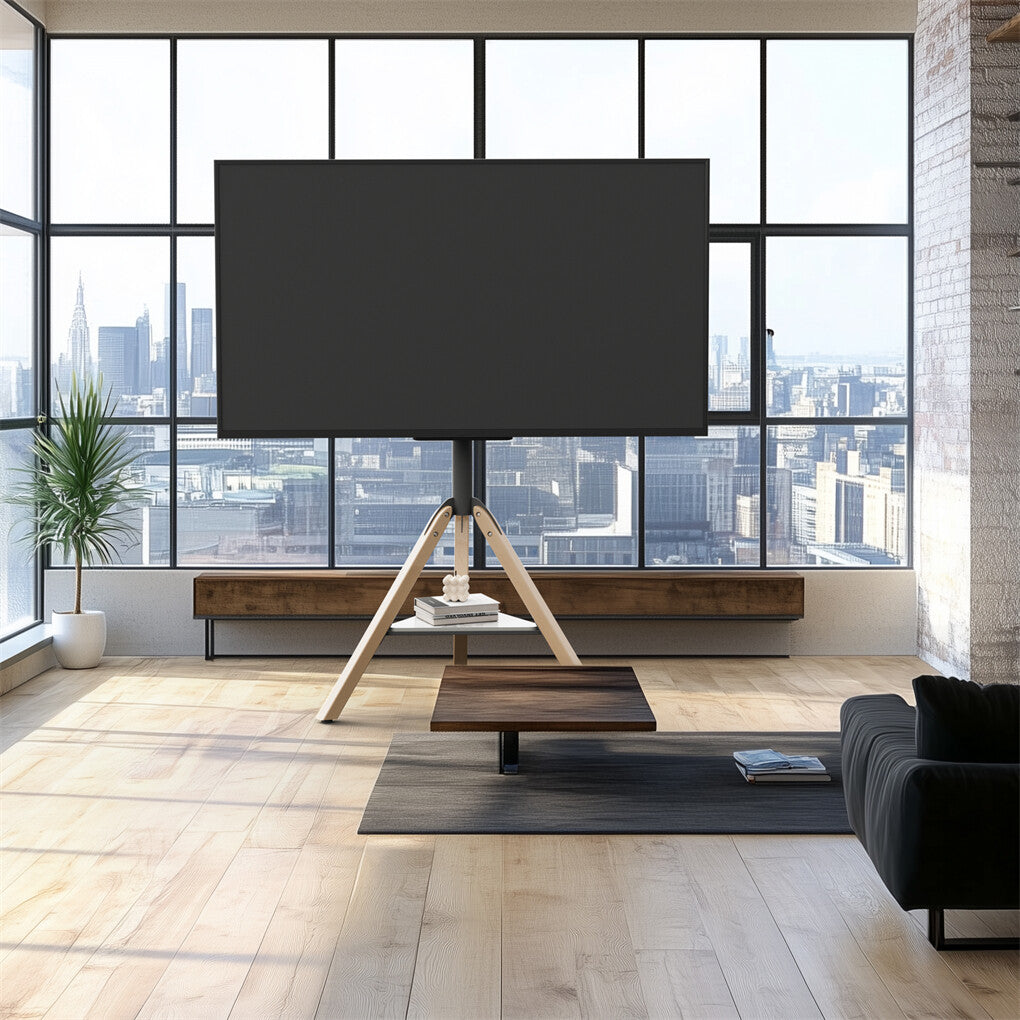 FIN 32-75 Inch Swivel Tripod TV Stand Stable Wooden Legs TV Mount with Marble Shelf - Image 3