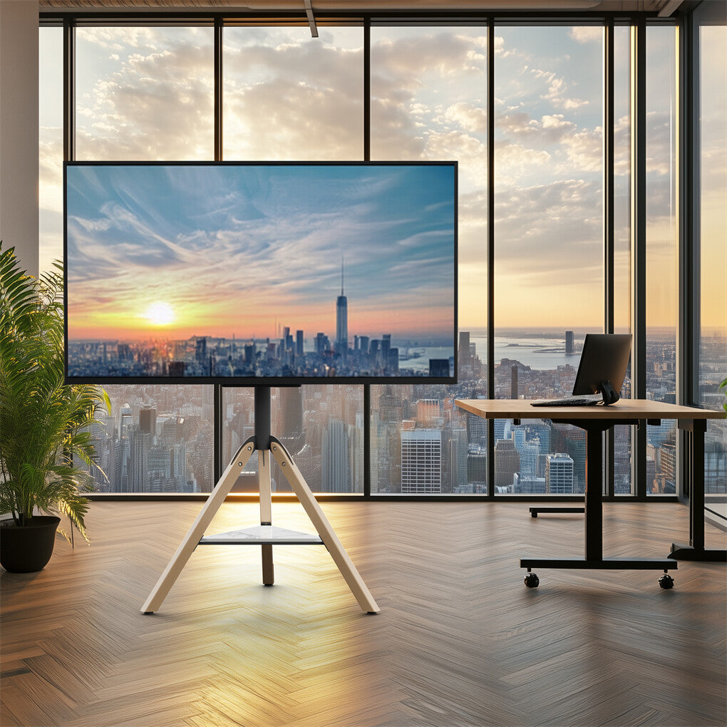 FIN 32-75 Inch Swivel Tripod TV Stand Stable Wooden Legs TV Mount with Marble Shelf - Image 4