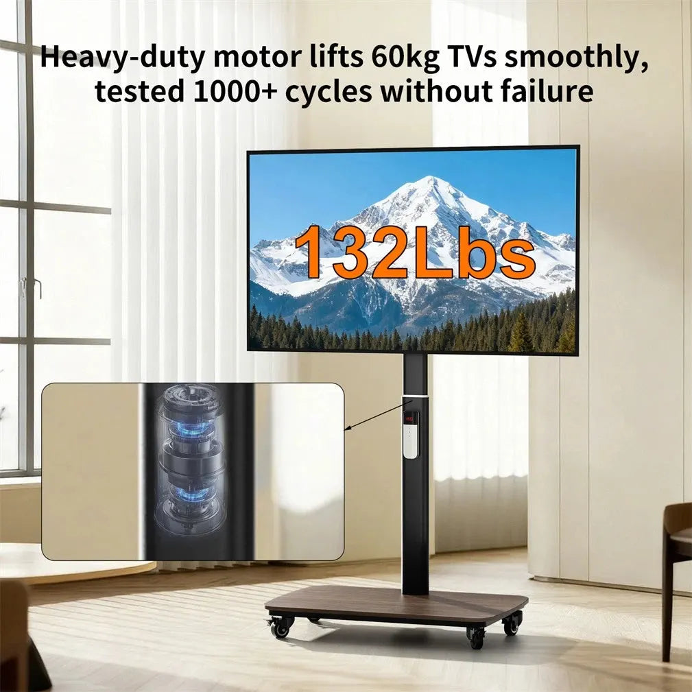 37-75 Inch Electric Height Adjustable Rolling TV Stand - Motorized Floor Mount with Remote Control, Shelf & Lockable Wheels - Image 5