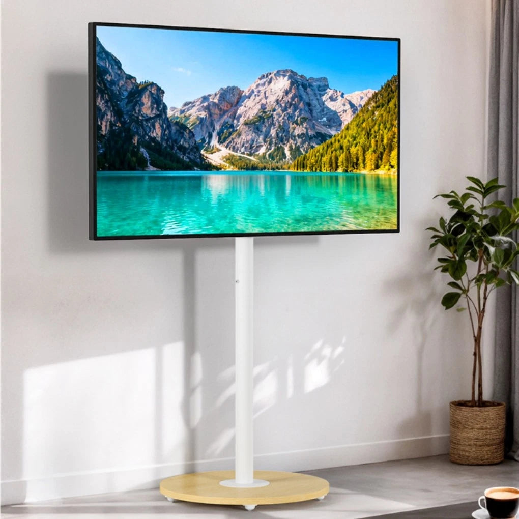 40-75 Inches Rolling TV Floor Stand Heavy Duty Steel TV Cart Mount with Hidden Wheels, Height Adjustable Free-Standing TV Bracket with Wooden Base for Flat Screen TVs - Image 2