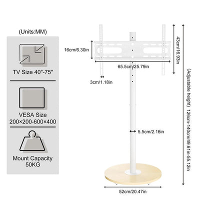 40-75 Inches Rolling TV Floor Stand Heavy Duty Steel TV Cart Mount with Hidden Wheels, Height Adjustable Free-Standing TV Bracket with Wooden Base for Flat Screen TVs - Image 3