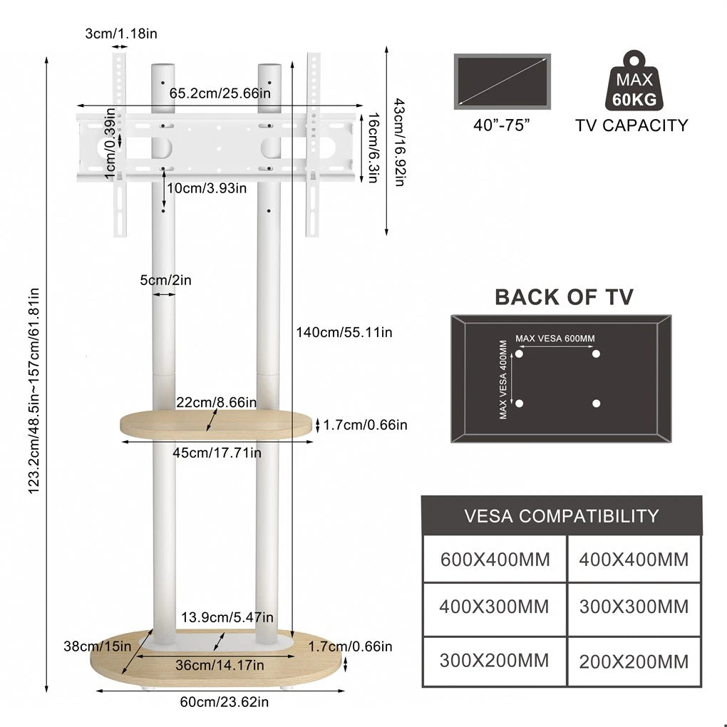 40-75 Inches Heavy Duty Mobile TV Floor Stand with Wooden Shelf, Height Adjustable Rolling TV Mount for Flat Screen, Free-Standing Steel TV Bracket with Wheels - Image 3