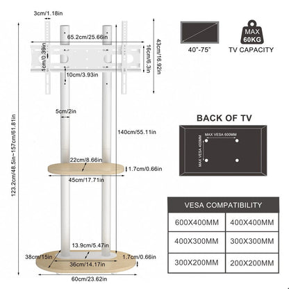 40-75 Inches Heavy Duty Mobile TV Floor Stand with Wooden Shelf, Height Adjustable Rolling TV Mount for Flat Screen, Free-Standing Steel TV Bracket with Wheels - Image 3