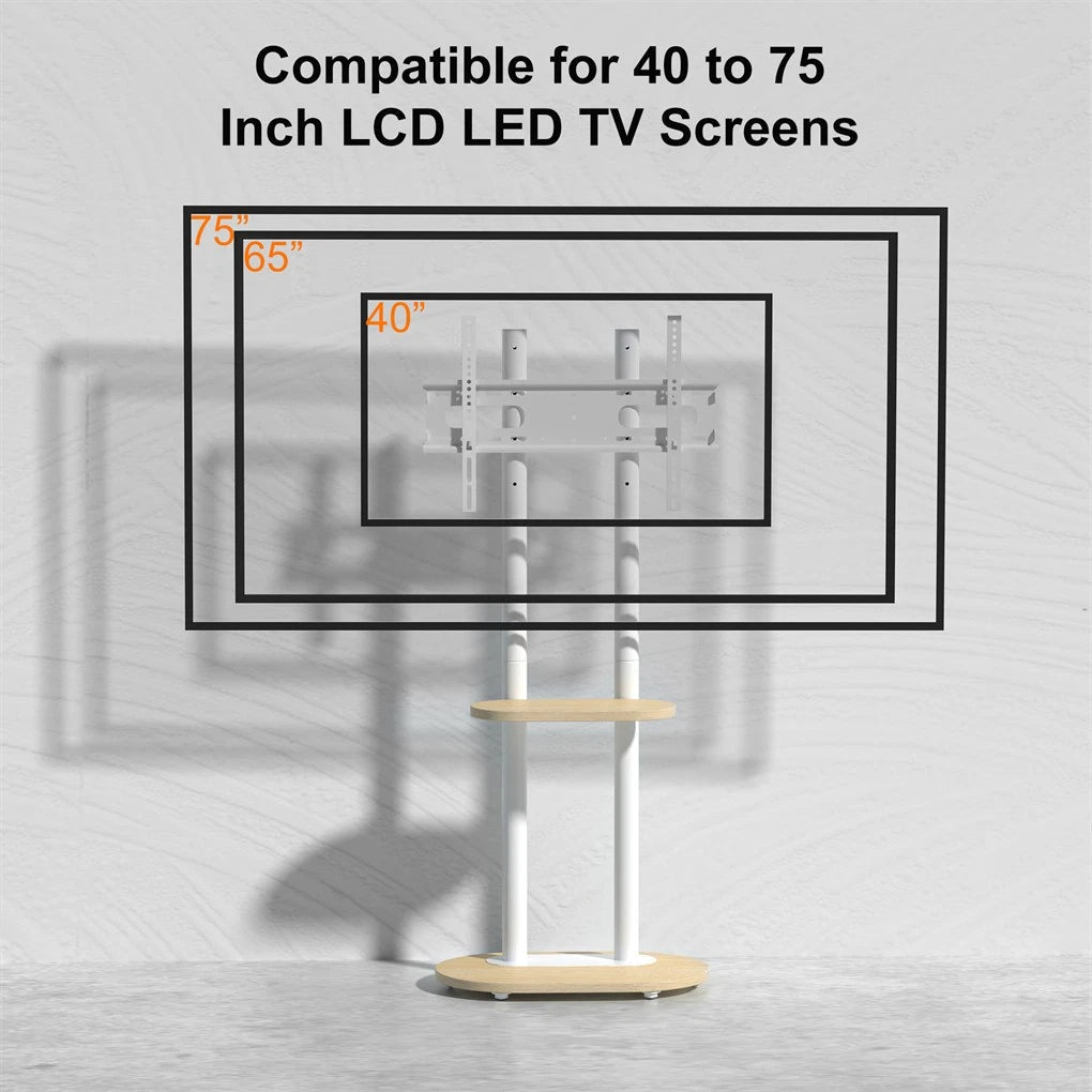 40-75 Inches Heavy Duty Mobile TV Floor Stand with Wooden Shelf, Height Adjustable Rolling TV Mount for Flat Screen, Free-Standing Steel TV Bracket with Wheels - Image 5
