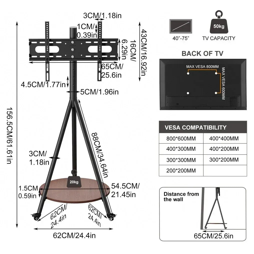 Movable Tripod Floor TV Stand with Wheels & Shelf for 40-75 Inch TVs - Height Adjustable Freestanding TV Mount up to 50kg - Black - Image 2