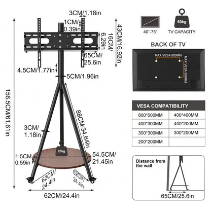 Movable Tripod Floor TV Stand with Wheels & Shelf for 40-75 Inch TVs - Height Adjustable Freestanding TV Mount up to 50kg - Black - Image 2