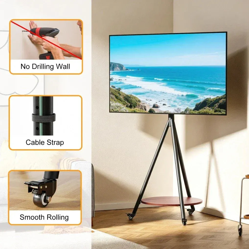 Movable Tripod Floor TV Stand with Wheels & Shelf for 40-75 Inch TVs - Height Adjustable Freestanding TV Mount up to 50kg - Black - Image 3