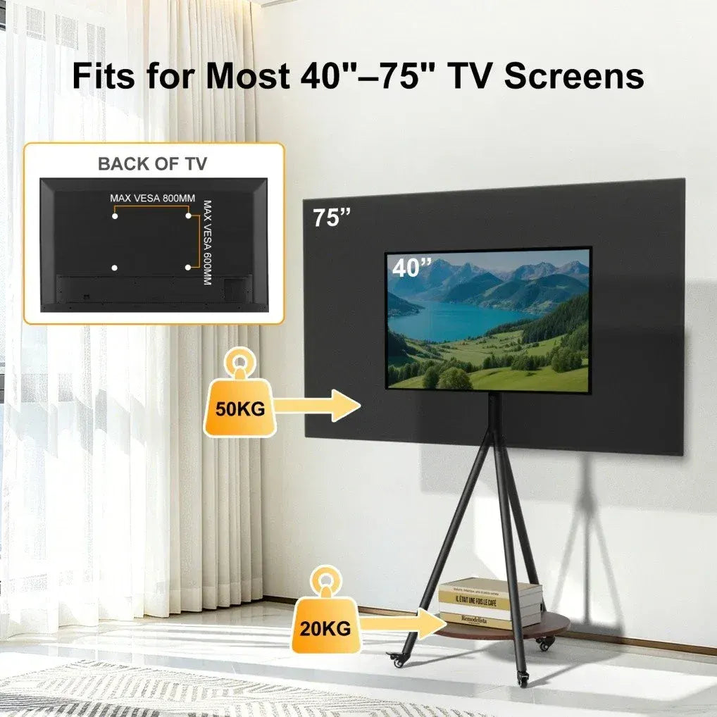 Movable Tripod Floor TV Stand with Wheels & Shelf for 40-75 Inch TVs - Height Adjustable Freestanding TV Mount up to 50kg - White - Image 3