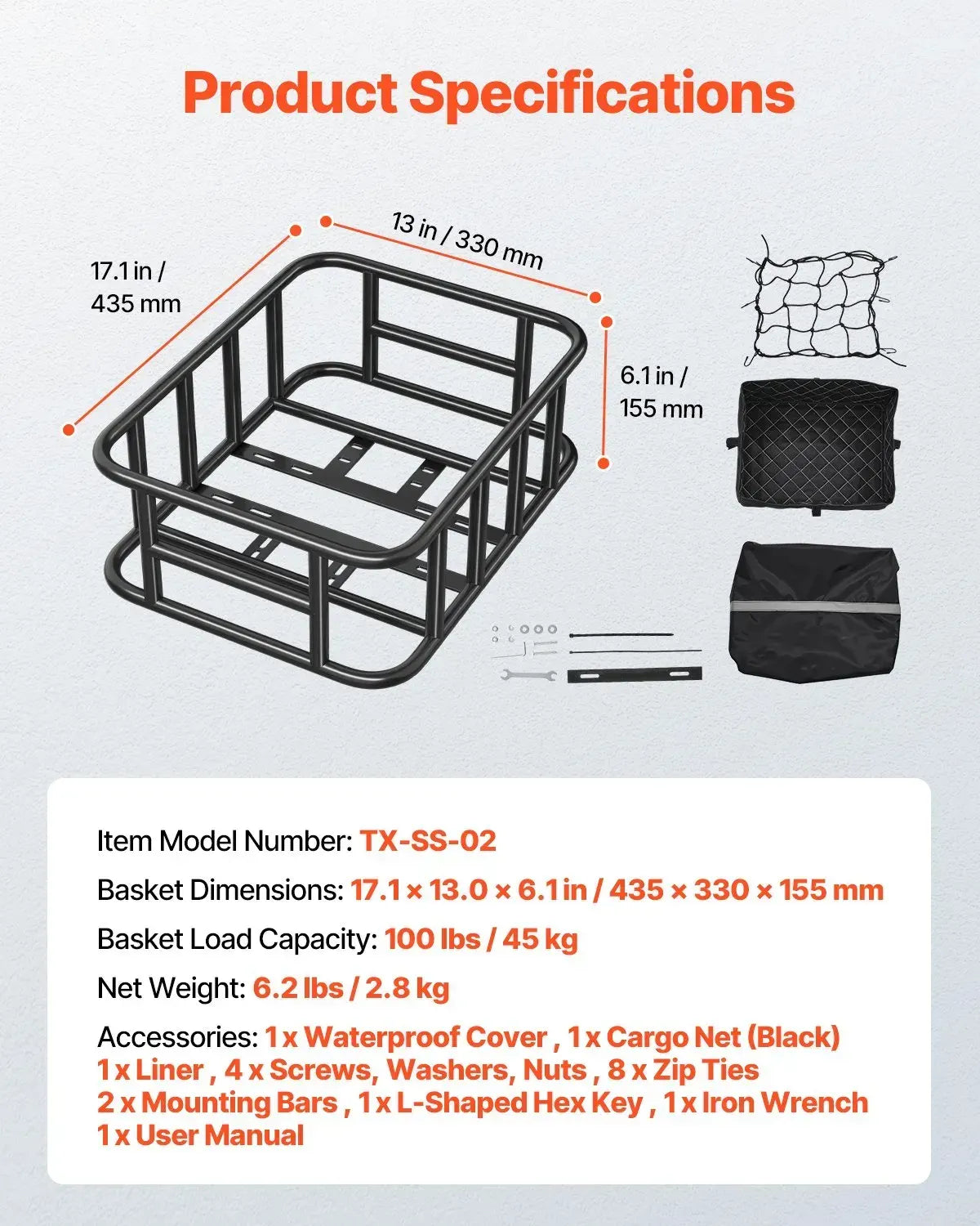 Rear Bike Basket, Medium Bicycle Basket with Cargo Net, Liner & Waterproof Cover, Pets, Mounting Tools Included - Image 5