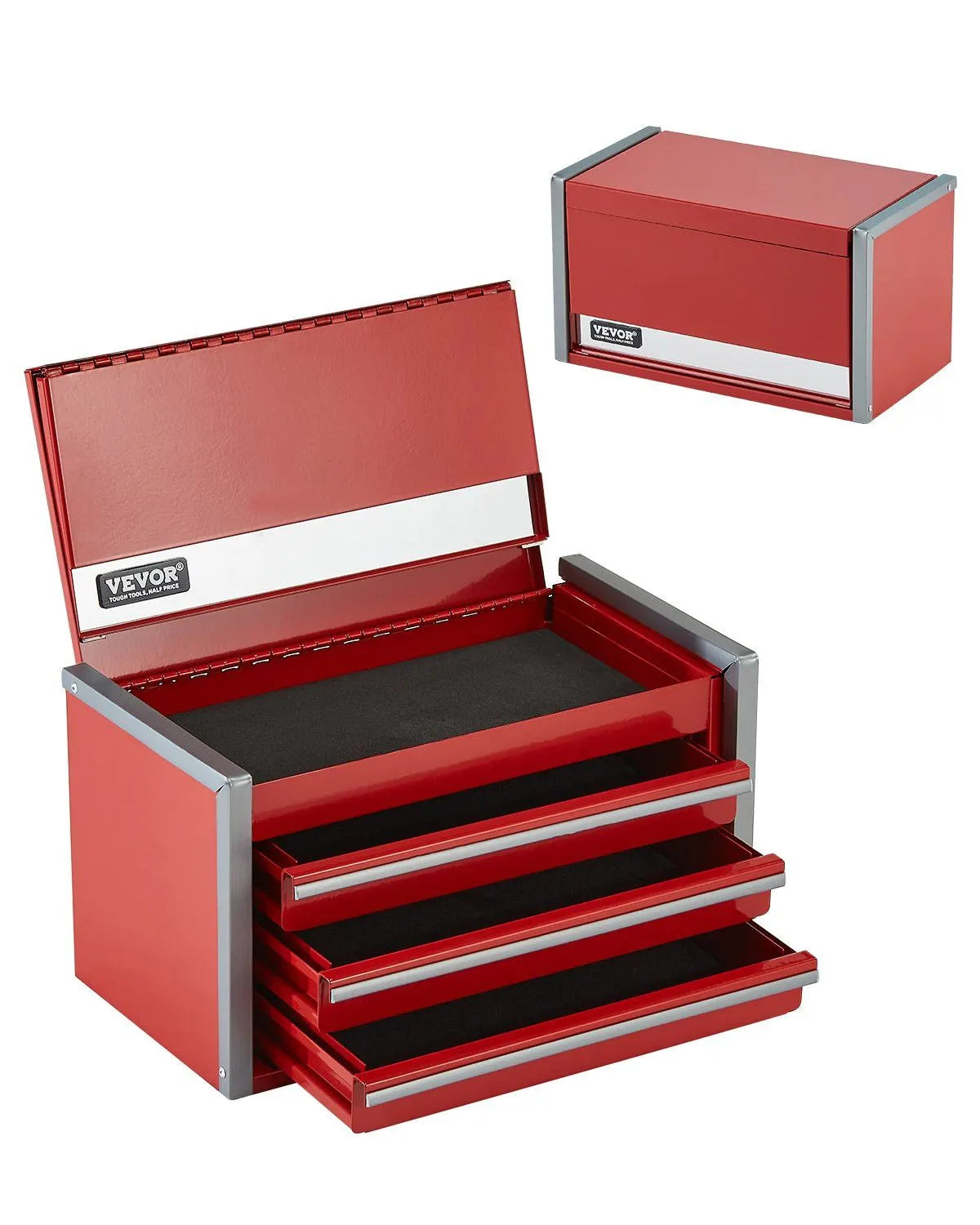 8.6-Inch Portable Metal Tool Box with 3 Drawers, Small Tool Chest with EVA Liners, PP Feet Pads, Heavy-Duty Steel, Ball Bearing Opening, Powder Coated Finish, Red