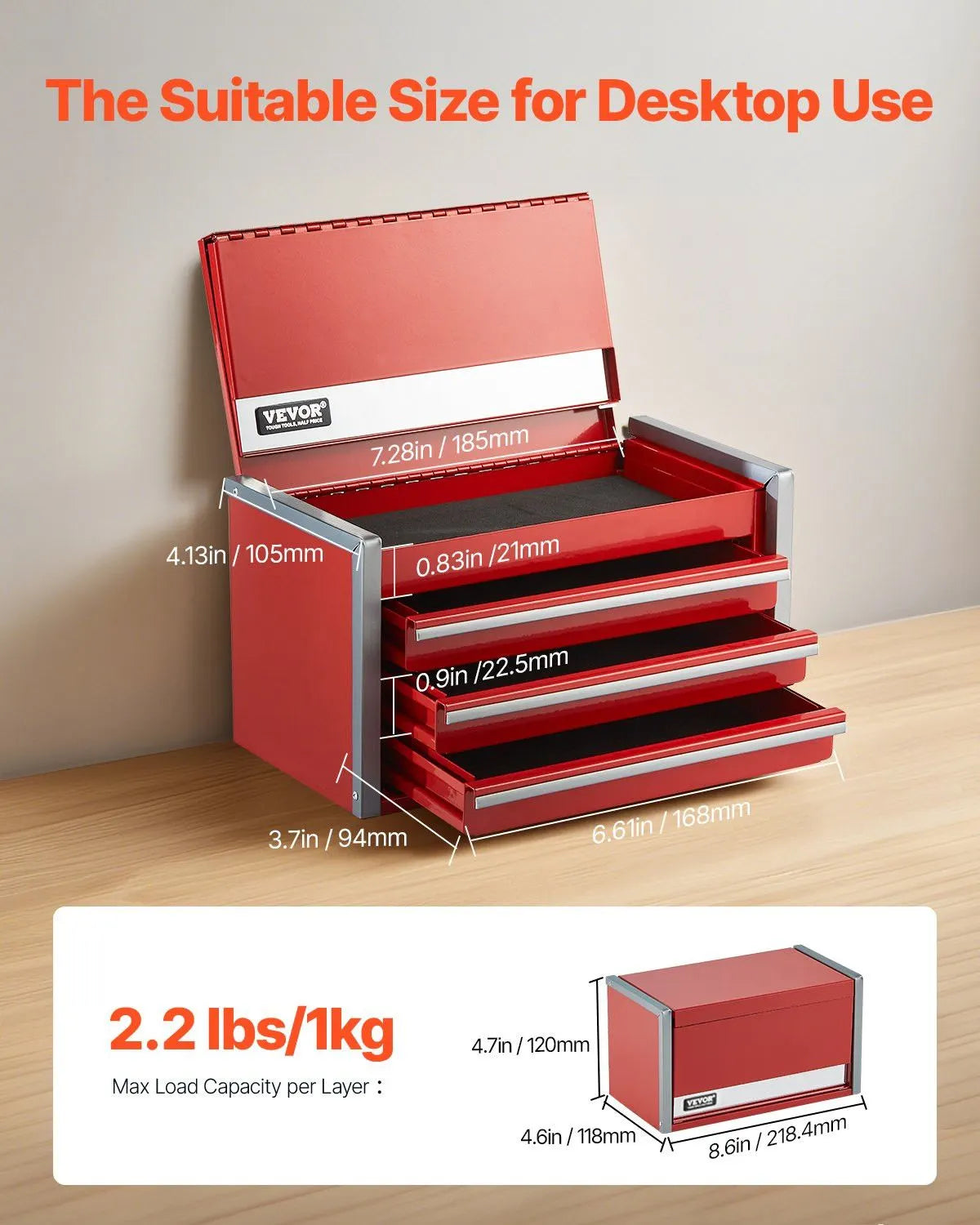 8.6-Inch Portable Metal Tool Box with 3 Drawers, Small Tool Chest with EVA Liners, PP Feet Pads, Heavy-Duty Steel, Ball Bearing Opening, Powder Coated Finish, Red - Image 2
