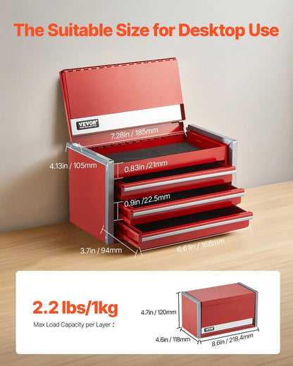 8.6-Inch Portable Metal Tool Box with 3 Drawers, Small Tool Chest with EVA Liners, PP Feet Pads, Heavy-Duty Steel, Ball Bearing Opening, Powder Coated Finish, Red - Image 2