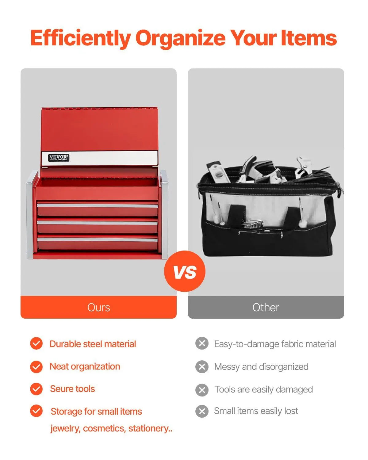 8.6-Inch Portable Metal Tool Box with 3 Drawers, Small Tool Chest with EVA Liners, PP Feet Pads, Heavy-Duty Steel, Ball Bearing Opening, Powder Coated Finish, Red - Image 3