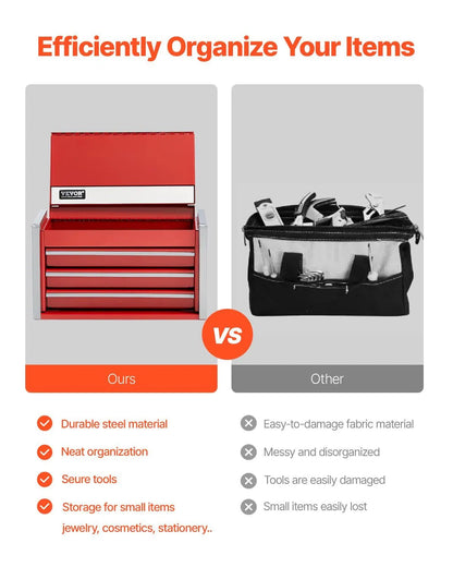 8.6-Inch Portable Metal Tool Box with 3 Drawers, Small Tool Chest with EVA Liners, PP Feet Pads, Heavy-Duty Steel, Ball Bearing Opening, Powder Coated Finish, Red - Image 3