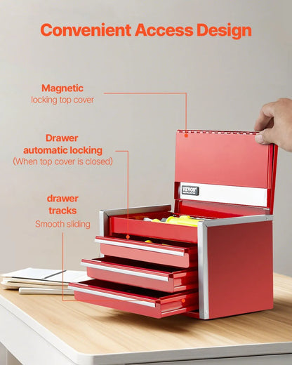 8.6-Inch Portable Metal Tool Box with 3 Drawers, Small Tool Chest with EVA Liners, PP Feet Pads, Heavy-Duty Steel, Ball Bearing Opening, Powder Coated Finish, Red - Image 4
