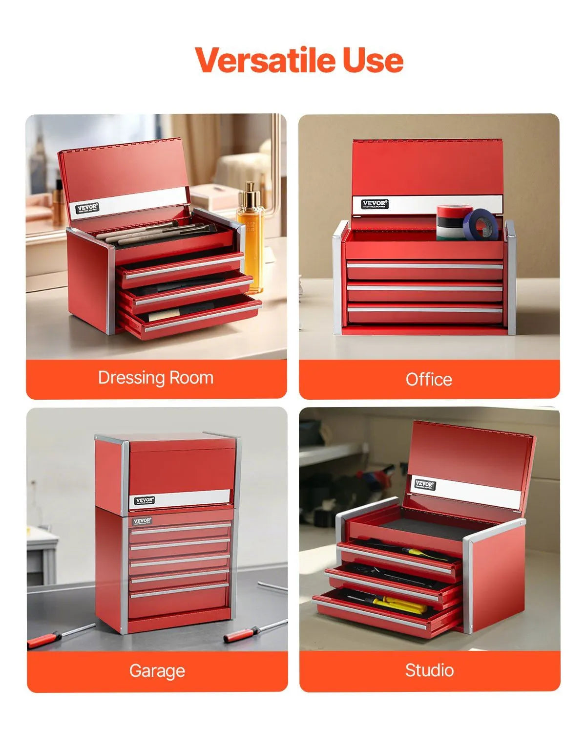 8.6-Inch Portable Metal Tool Box with 3 Drawers, Small Tool Chest with EVA Liners, PP Feet Pads, Heavy-Duty Steel, Ball Bearing Opening, Powder Coated Finish, Red - Image 5
