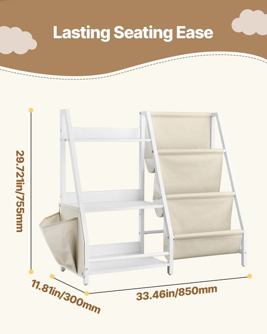 3-Tier Kids Bookshelf & Toy Storage Organizer with Sling Book Rack and Storage Bag For Toddler, Kids Room, Playroom, Kindergarten, Nursery - Image 2