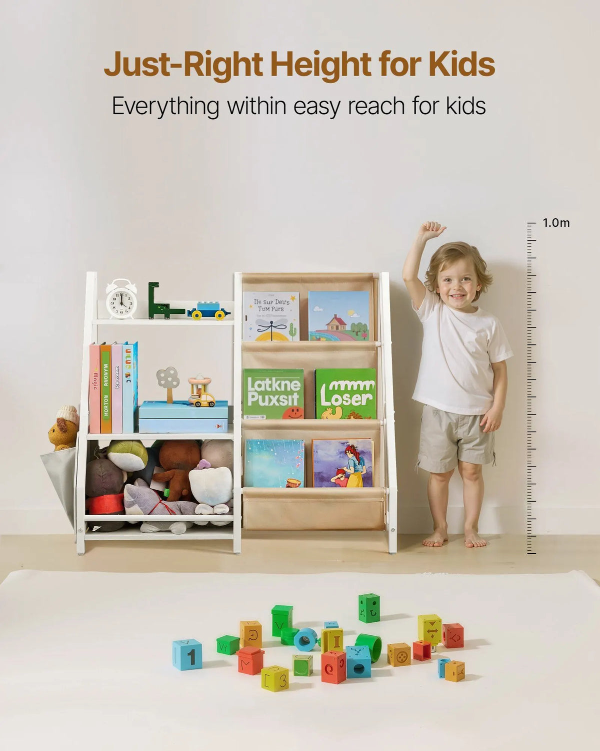 3-Tier Kids Bookshelf & Toy Storage Organizer with Sling Book Rack and Storage Bag For Toddler, Kids Room, Playroom, Kindergarten, Nursery - Image 4