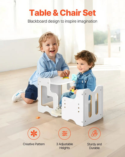 Montessori Weaning Table and Chair Set, 3 In 1 Wooden Toddler Table and Chairs with Chalkboard, Reading, Eating - White - Image 2