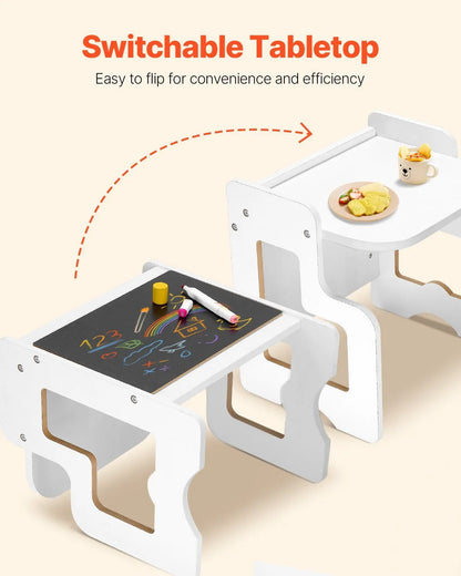 Montessori Weaning Table and Chair Set, 3 In 1 Wooden Toddler Table and Chairs with Chalkboard, Reading, Eating - White - Image 5