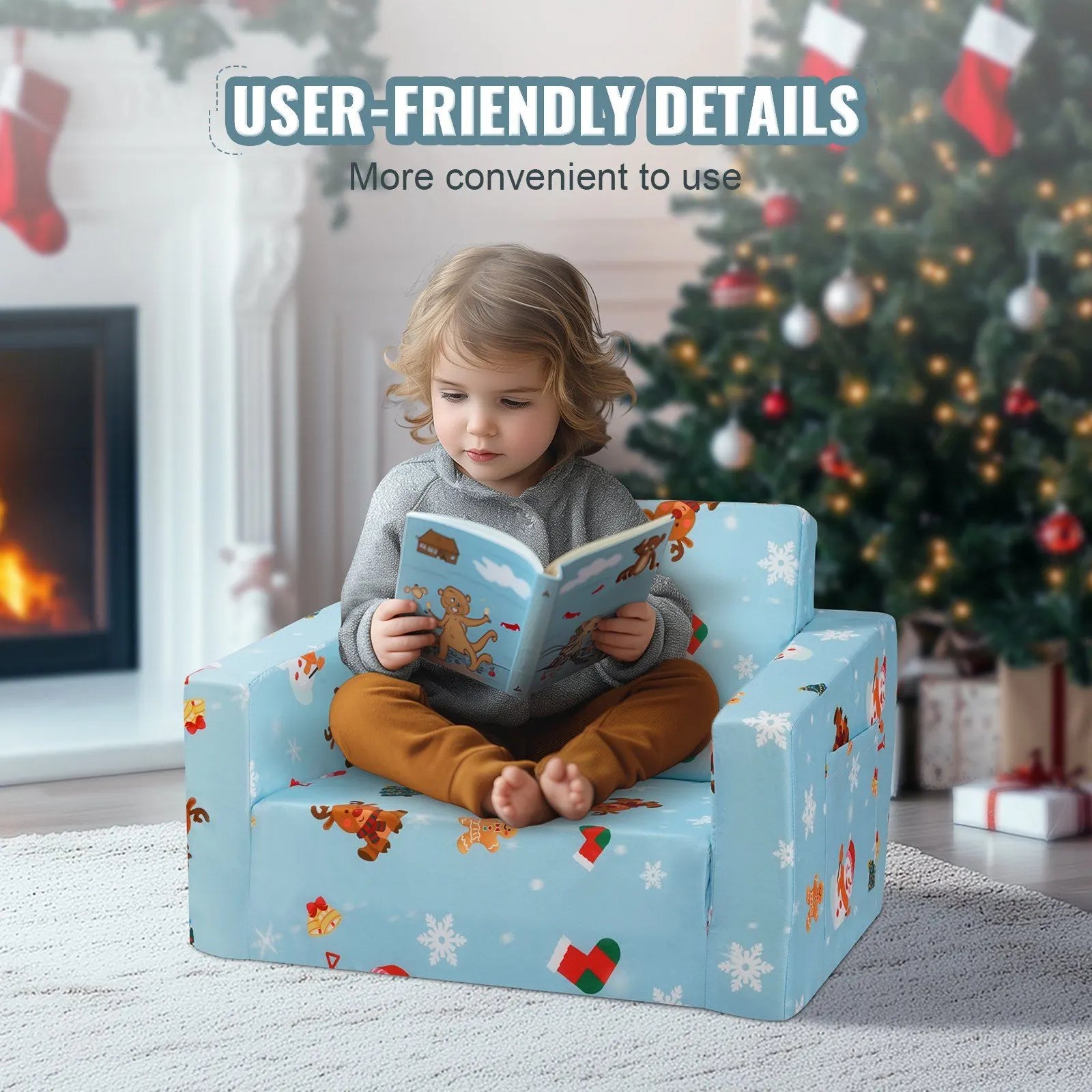 Kids Couch, 2-in-1 Toddler Chairs Comfy, Toddler Couch Sofa Bed Fold Out, Convertible Sofa to Lounger, Sky Blue - Image 4