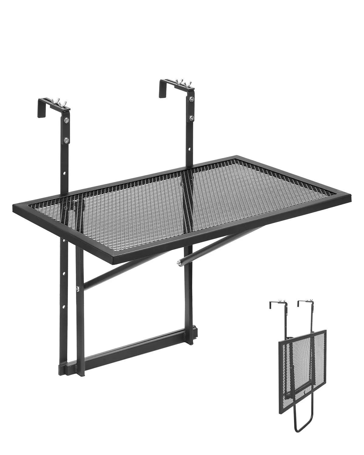 610 x 410 mm Metal Foldable Balcony Railing Table, 5-Level Height Adjustable Outdoor Bar Table, Fits Rails 1" to 4.7", Serving Table for Patio, Deck & Balcony