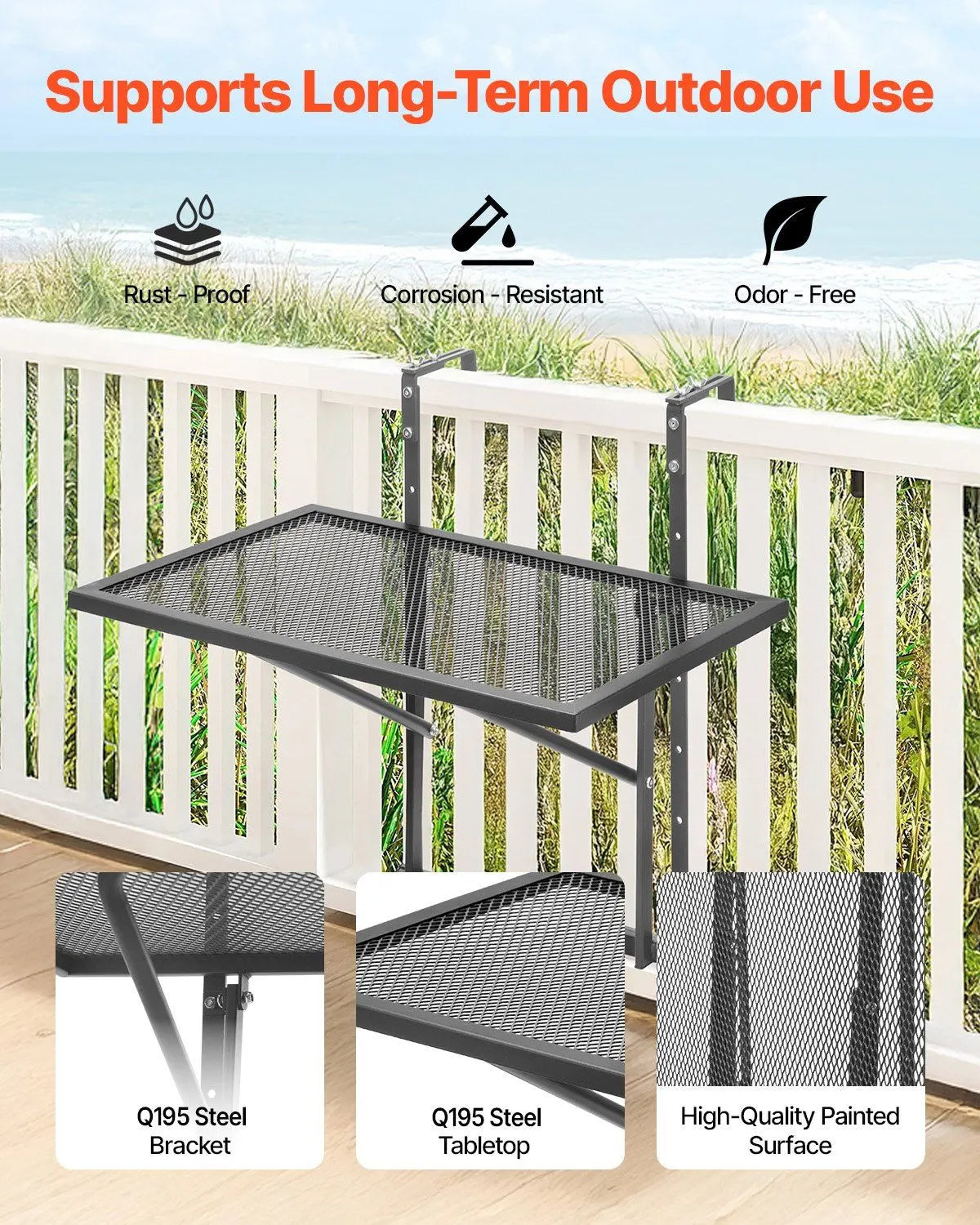 610 x 410 mm Metal Foldable Balcony Railing Table, 5-Level Height Adjustable Outdoor Bar Table, Fits Rails 1" to 4.7", Serving Table for Patio, Deck & Balcony - Image 2