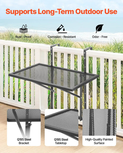 610 x 410 mm Metal Foldable Balcony Railing Table, 5-Level Height Adjustable Outdoor Bar Table, Fits Rails 1" to 4.7", Serving Table for Patio, Deck & Balcony - Image 2