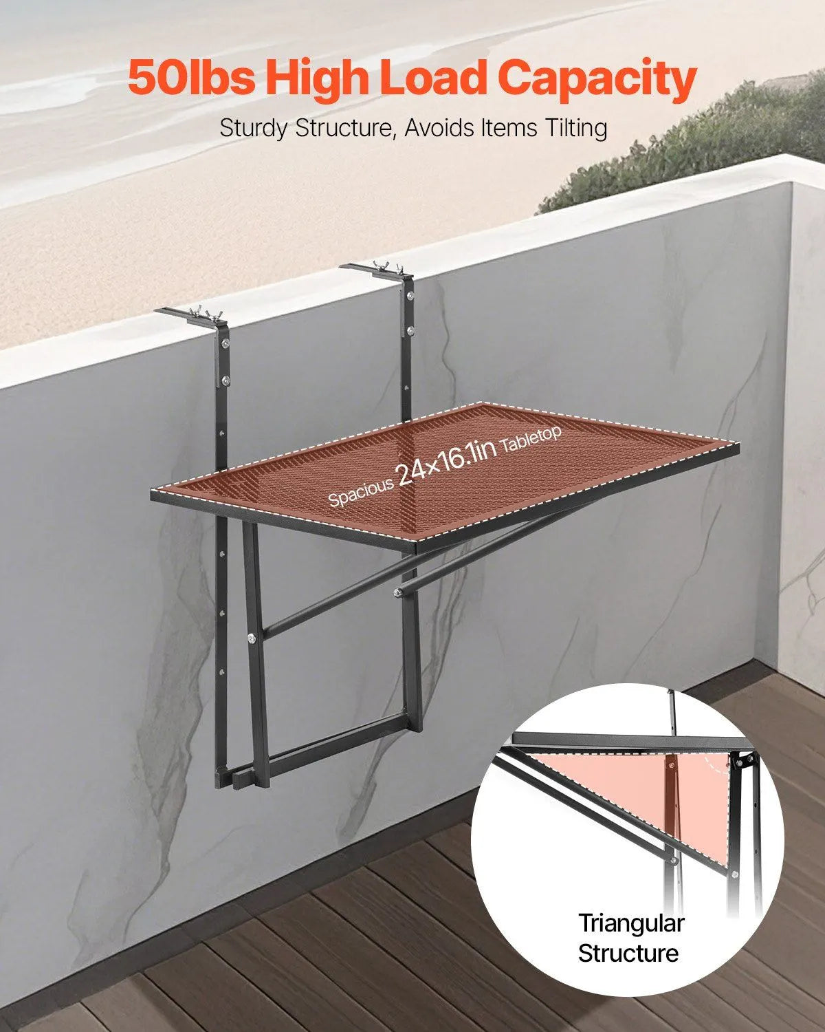 610 x 410 mm Metal Foldable Balcony Railing Table, 5-Level Height Adjustable Outdoor Bar Table, Fits Rails 1" to 4.7", Serving Table for Patio, Deck & Balcony - Image 3