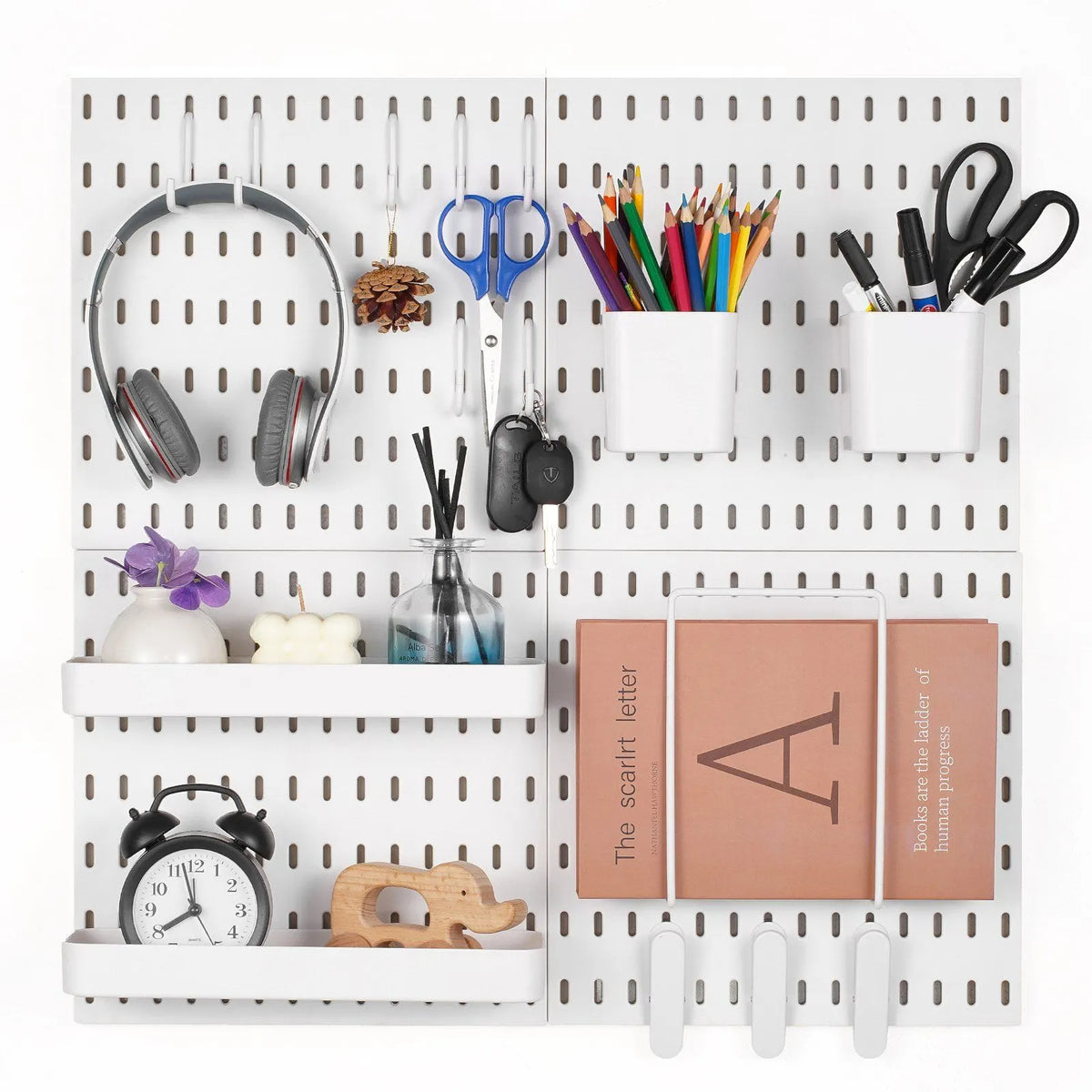 280 x 280 mm Plastic Pegboard Set, 4-Panel Combination Wall Organizer Kit with Accessories, Storage Solution for Garage, Kitchen, Craft Room, Office & Bathroom, White