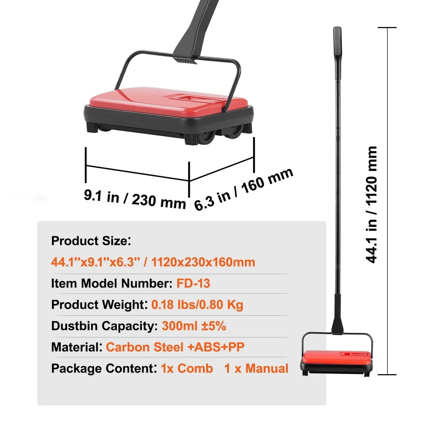 Carpet Sweeper Manual, Floor Sweeper with 300 ml Dustbin Capacity Easy to Empty, Red - Image 4