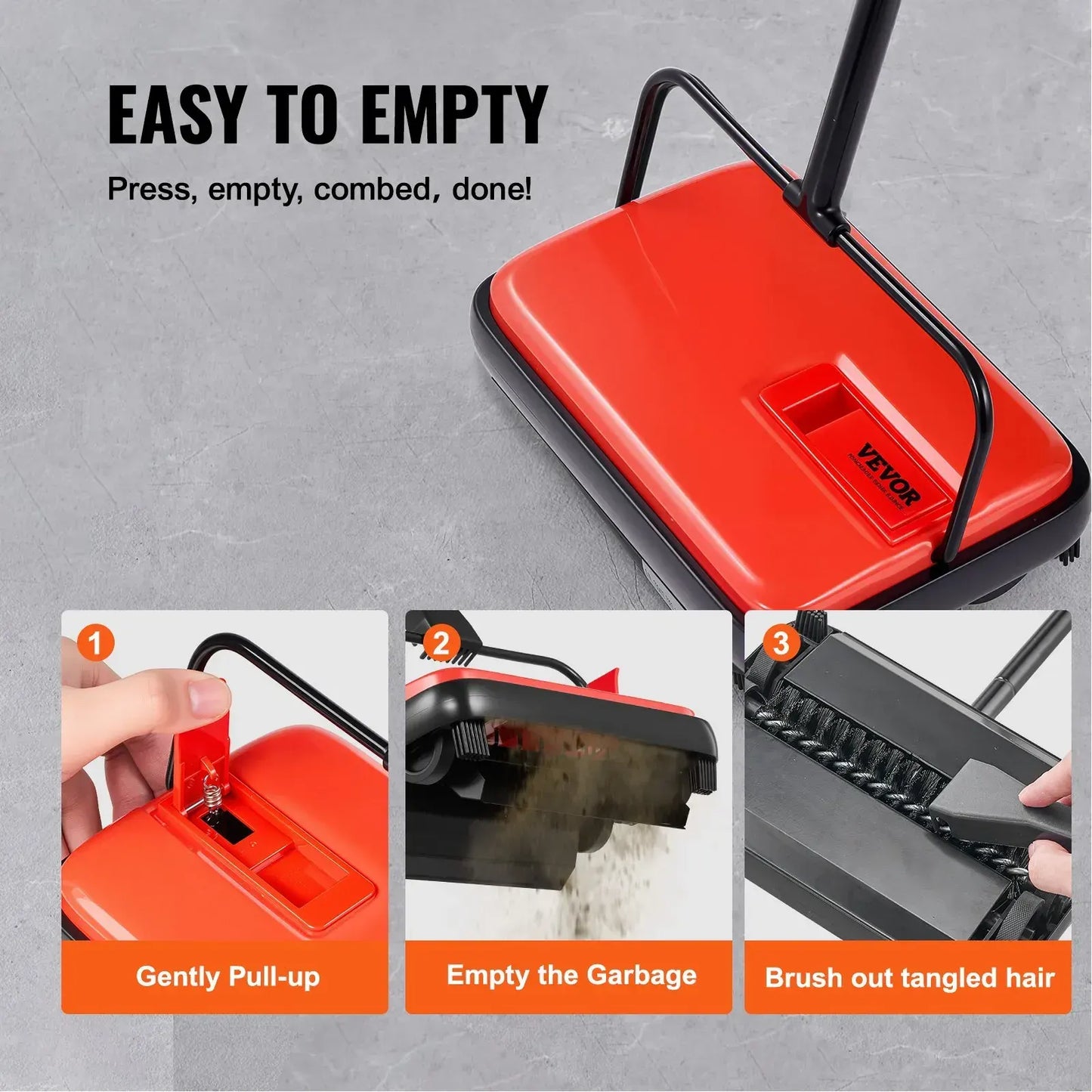 Carpet Sweeper Manual, Floor Sweeper with 300 ml Dustbin Capacity Easy to Empty, Red - Image 5