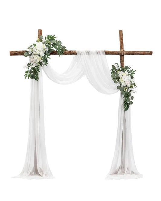 White Artificial Wedding Arch Flower Kit with Sheer Drape (3-Piece Set) - 2 Floral Arrangements & 1 Drape Panel for Ceremony Arch, Reception Backdrop & Bouquet Decor