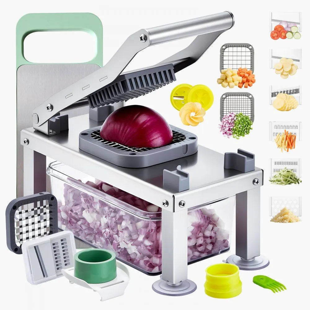 All-in-1 Vegetable Chopper & Mandoline Slicer, 9-Blade Stainless Steel Food Cutter with Cheese Grater, Container & Salad Spiralizer, Kitchen Dicer for Onion & Potato