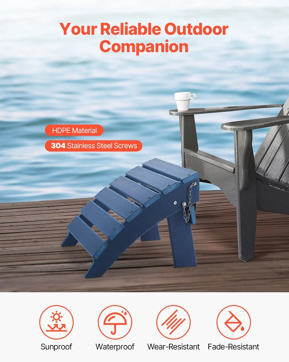 HDPE Plastic Folding Adirondack Ottoman, 40L x 48W x 33H cm Weather-Resistant Footrest for Porch, Pool, Lawn & Backyard, Blue - Image 2